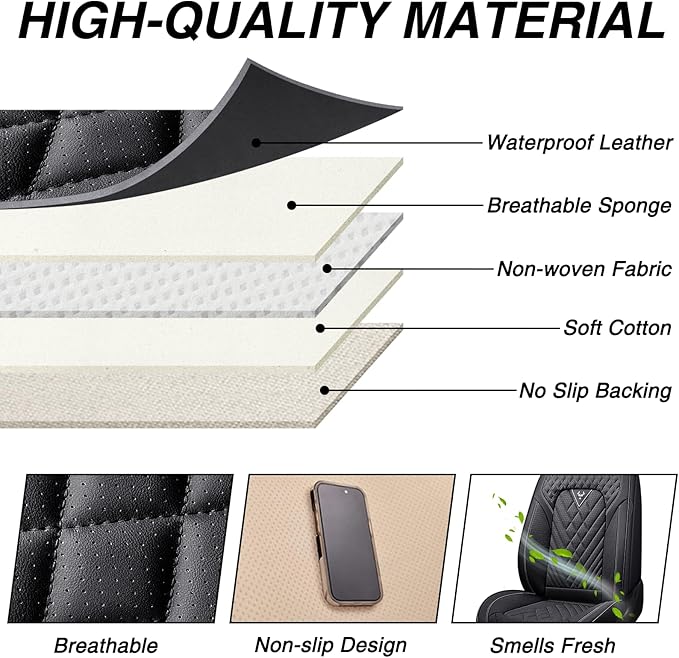 Car Seat Covers for Jaguar E-PACE 2018-2024,Breathable Nappa Leather Car Seat Protector,Front Seat Cover with Pillow Automotive Seat Cushion with Airbag Compatible(Front Seats,Black)