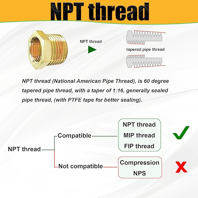 2 Pcs Brass 3/8" Male to 1/8" Female Reducer Bushing, 3/8 Inch Male to 1/8 Inch Female NPT Pipe Fitting Reducing Adapter Tube Connector Convert (3/8" MNPT x 1/8" FNPT)