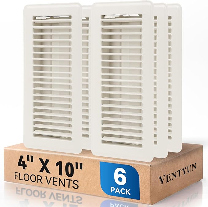 4" x 10" Floor Register Vent Covers 6-Pack, Walkable Powder-Coated Metal Vent Covers with Adjustable Airflow, Curved Safe Edges for Floor/Wall, White