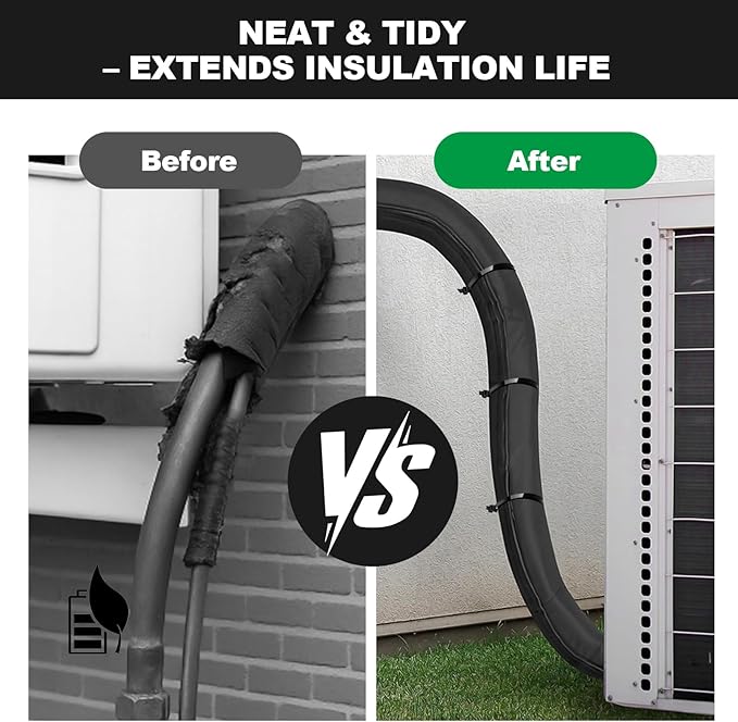 2 PSC 3 Layers HVAC Copper Pipe Insulation Cover Protector Outdoor 600D Oxford AC Copper Line Insulation Sleeve Wrap for Outside 72x10.2In with 20 Cable Ties for Central Air Conditioning Mini Splits