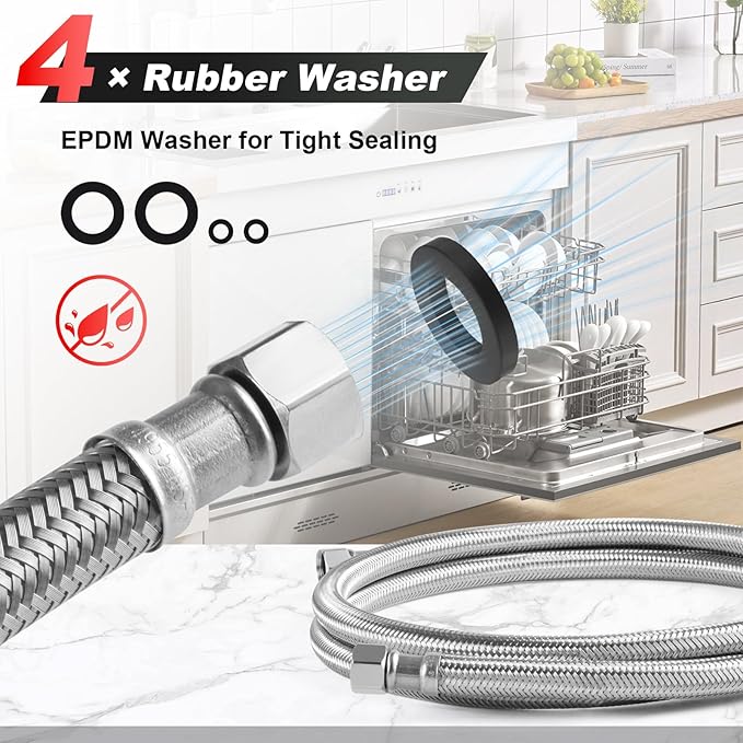 Dishwasher Installation Kit, 10ft,Dishwasher Water Supply Line, Stainless Steel Braided Burst Proof Hose 3/8''x 3/8''Kit With Tee Stop Valve