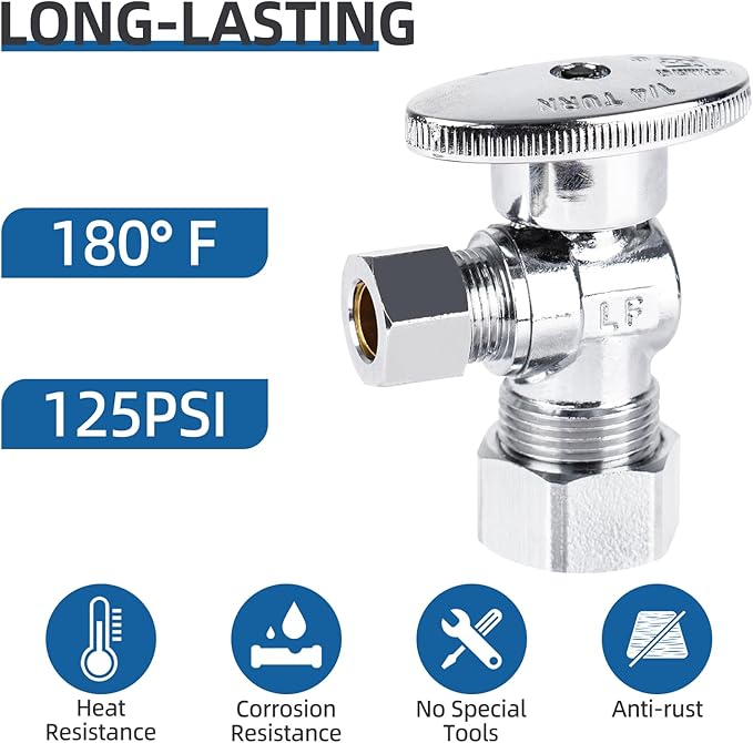 (10 Pack) BH Angle Stop Valve 1/2" Nominal Compression x 3/8" OD, 1/4-Turn Shut Off Valve,Chrome Plated Brass, for Bathroom Toilet Kitchen Shower Plumbing