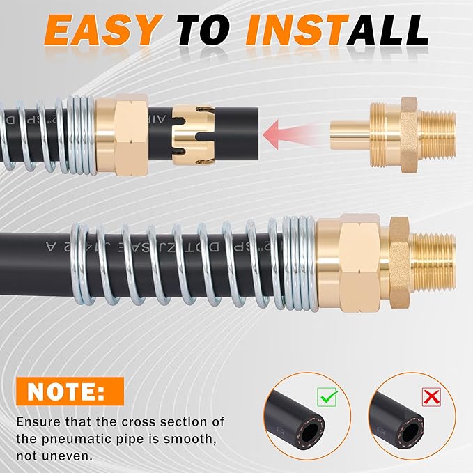 12Pcs Brass 1/2” DOT Air Hose Fittings with Spring Guards, Male Connector Air Brake Hose End Fittings with Fitting Sleeve Tubes, 50 Inch 1/2” SAE J1402 Air Brake Hose for Semi Truck