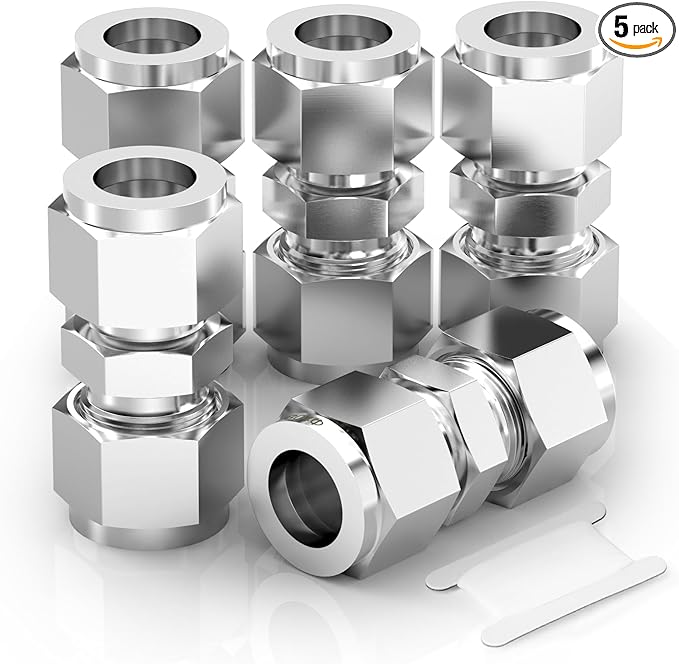 TAISHER 5PCS 304 Stainless Steel Compression Tube Pipe Fitting Connector, 6MM Tube OD x 6MM Tube OD Straight Adapter