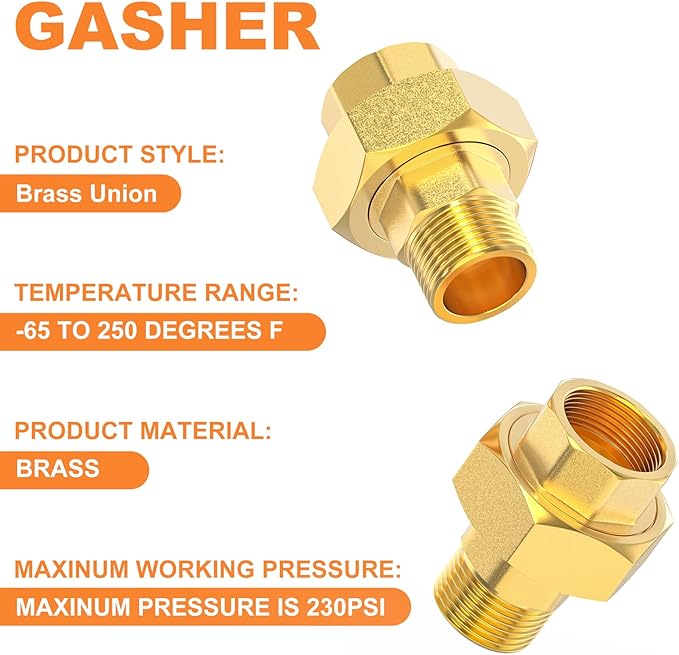 GASHER 2PCS Brass Union，1/2" NPT Male x 1/2" NPT Female Pipe Fitting
