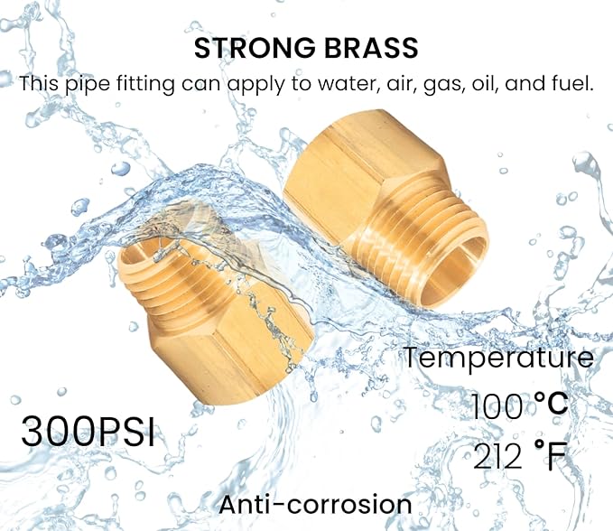 Brass Fitting Reducer Adapter, 1/2 Inch NPT Male to 1/2 Inch NPT Female, Male to Female Pipe Adapter, Brass Pipe Extension Fittings, 0.75" OD × 0.75" ID, Pack of 2