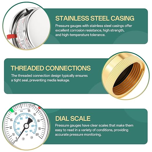 0-100PSI Stainless Steel Water Pressure Gauge Kit, 2.5" Dial Size, 3/4" Brass Female Lower Mount, with Sealing Ring, Plus 5 adapters, for Checking Gardens, Water Pipes, Multiple Systems