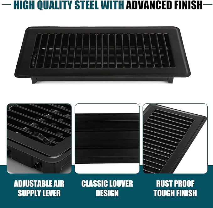 VOISEN Floor Register 4x10, 12 Pack Black Floor Vent Covers, Heavy Duty Steel Walkable Floor Vents,Vent Covers for Home Floor