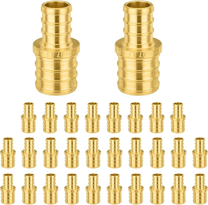 30-Pack Foskan 1/2" x 3/4" PEX Straight Reducing Coupling,Brass Crimp Fittings for PEX Tubing Pipe