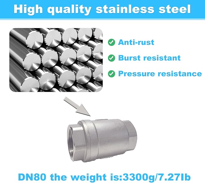 3”Stainless Steel Vertical Check Valve DN80, NPT Female Threaded Vertical Check Valve Stainless steel check valve for preventing oil-water backflow, gas-air check valve, sewage pump, etc