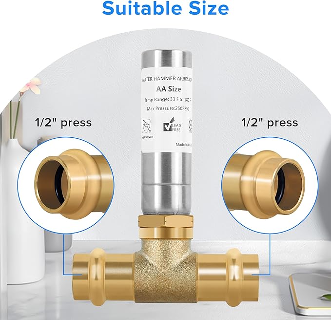 Propress Water Hammer Arrestor (2-Pack) - 1/2" Copper Press Connection, Tee, Stainless Steel - Reduce Pressure and Noise