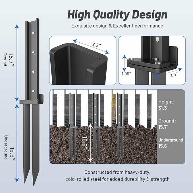 Thickened Fence Post Repair Anchor Kit, Heavy Duty Steel Fence Post Repair Stakes, Repair Tilted and Broken Wooden Posts, Double-Tube Style(2Pack/Black)