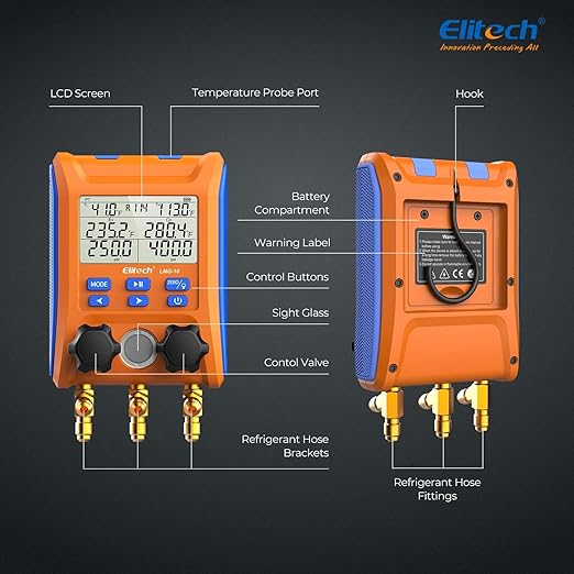 Elitech Digital Manifold Gauge 2-Way Valve with Thermometer Clamps for HVAC Systems, LMG-10