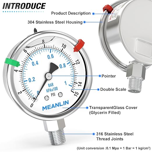 MEANLIN MEASURE 0~15Psi Stainless Steel Liquid Filled Pressure Gauge 2.5" FACE DIAL 1/4" NPT for Water Oil Air Well Pump Tank Tire Pressure Test Lower Mount with Stainless Steel Hex Bushing and Snaps