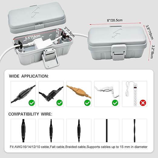Hrensaw Small Weatherproof Electrical Connection Box(Inner 5.5 x 3 x 2.2inch),Outdoor Electrical Box,Waterproof Extension Cord Covers for Plug, Extension Cables, Holiday Lights,Grey
