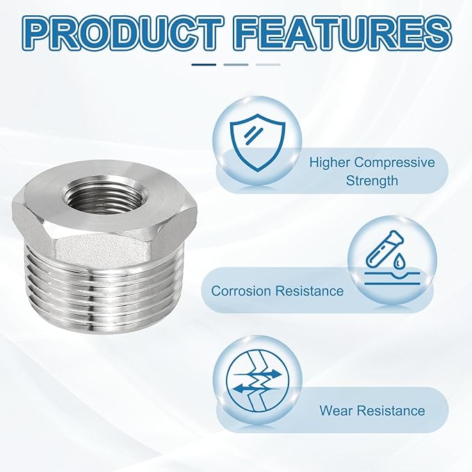 PATIKIL 304 Stainless Steel Reducer Hex Bushing 2 Pcs, 1" BSPT Male to 3/8" BSPT Female Pipe Reducing Adapter Fitting Connector for Water Gas Hydraulic Pipes Shower Hose, Silver