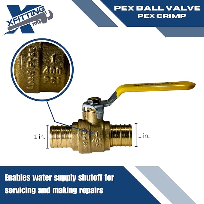 XFITTING 10 Pack Pex Barb 1 Inch Ball Valve, Yellow Handle, Full Port Pex Ball Valve, Brass