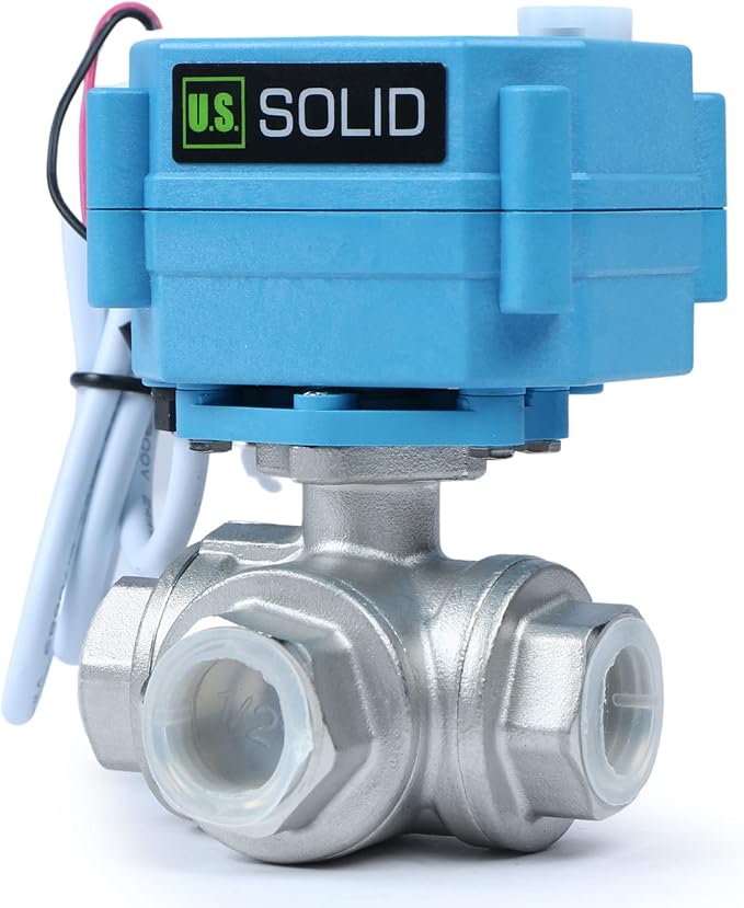 U.S. Solid 1/2" 3 Way Stainless Steel Motorized Ball Valve L Type AC/DC9-24V, Water Shutoff Valve with Manual Function, Standard Port