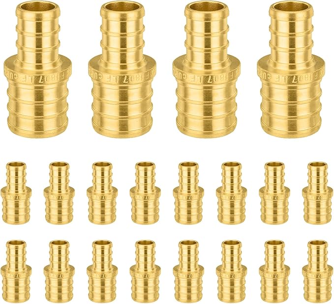 20-Pack Foskan 1/2" x 3/4" PEX Straight Reducing Coupling,Brass Crimp Fittings for PEX Tubing Pipe
