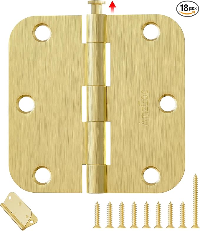 Gold Door Hinges - 18 Pack 3.5 Inch Rounded with 5/8" Radius Satin Brass Door Hinges for Interior and Exterior Doors - Heavy Duty 3 1/2" Brushed Gold Residential Door Hardware