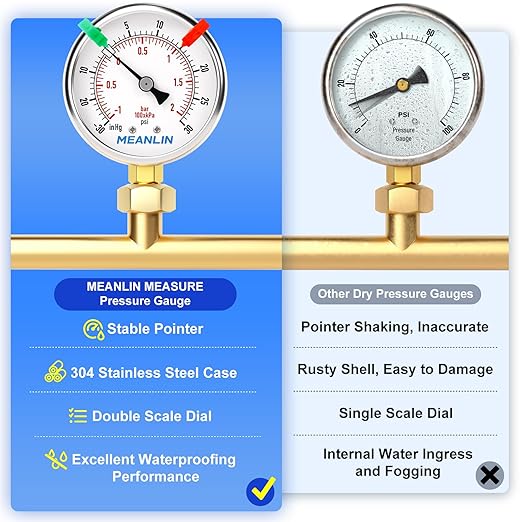 MEANLIN MEASURE -30inHG~30Psi Vacuum Gauge Stainless Steel 1/4" NPT 2" FACE DIAL Waterproof for Air Compressor HVAC Negative Pressure Hand Pump Pool Lower Mount (with 2PCS Snaps)