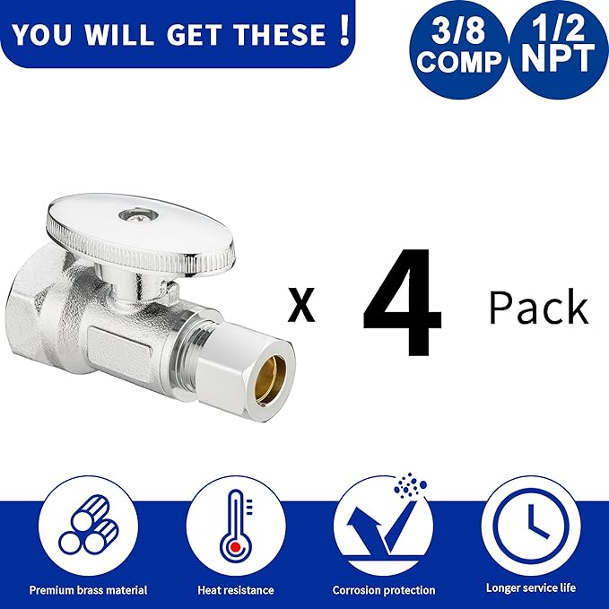 (4 Pack) Lidertik 1/2 inch NPT Thread Straight Stop Valve 1/2 inch x 3/8 inch Compression for Water Toilet Bathroom Sink Brass Plated Chrome 1/4 Turn Valve LI-JF1-NPT-S(4 PCS)