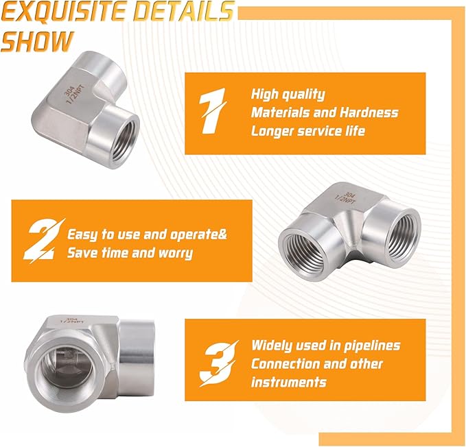 Stainless Steel Pipe Fitting 90 Degree Barstock Street Elbow 1/2" NPT Female x 1/2" NPT Female 2 Pack