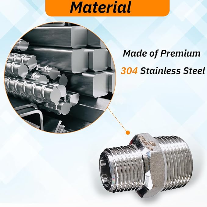 2pcs 3/4" NPT x 1/2" NPT Stainless Steel Nipple, 3/4 to 1/2 Adapter Fitting Reducing Solid Hex Nipple, Stainless Steel Reducer Pipe Fittings for Extending and Connecting Pipes