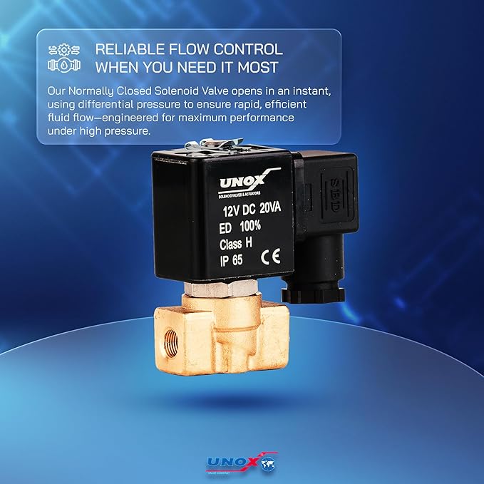 UNOX 1/8" NPT Solenoid Valve 12V DC, Brass Control Valve Normally Closed - 0-232 PSI Multi-Purpose Reliable Control Valve for Water, Air, and Gas - Solenoid Valves