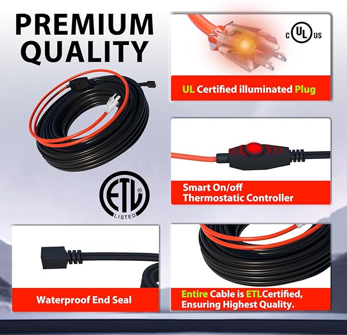 HEATIT Electric Heating Cable Automatic Heat Tape Pipe Freeze Protected Heated Cable PVC Pipe Heater 7 Feet