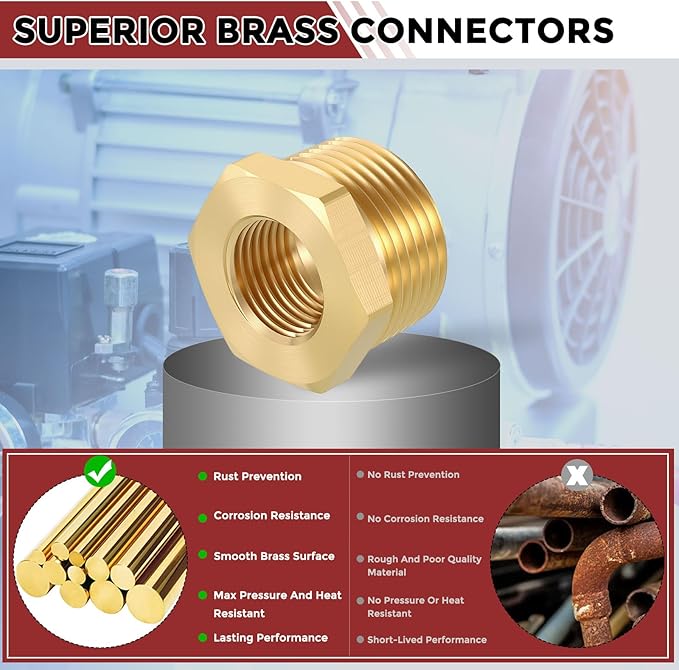 Pack of 5, 1" NPT Male to 1/2" NPT FeMale Solid Brass Hex Bushing, Hose Fittings Adapter Reducer Fit for Pipe Leak Repair, Bathroom Remodeling, Tool Extensions, Compression