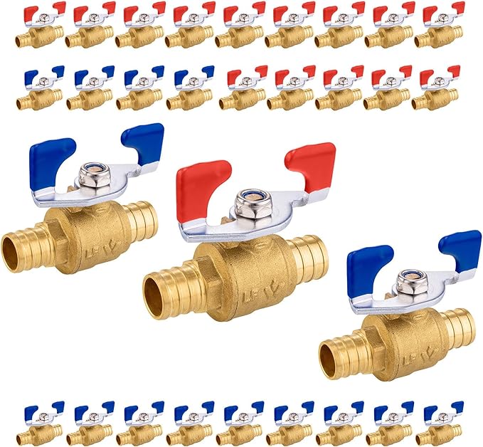 30PCS Foskan 3/4" PEX Crimp Ball Valve, Brass Full Port Shut-off Valve with Blue/Red Butterfly Handle for Portable Water Poject