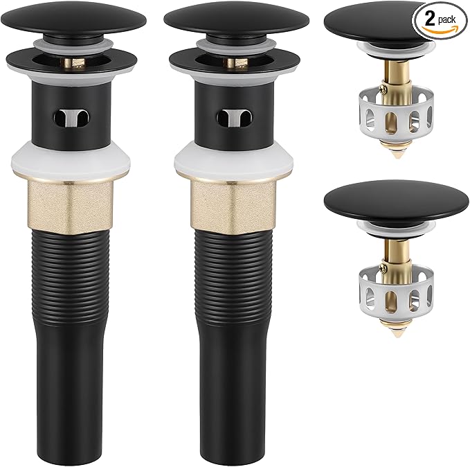 KES All Metal Bathroom Sink Drain with Overflow, 2 Pack, Lavatory Vanity Pop Up Drain with Detachable Hair Catcher, Rustproof 18/8 Stainless Steel, Matte Black, S2013A-BK-P2