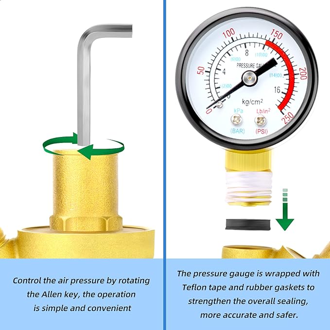 MEANLIN MEASURE 3/4 inch brass Water pressure regulating valve, pressure regulating valve, pressure reducing valve, DN20, with 0-250PSI pressure gauge Yellow