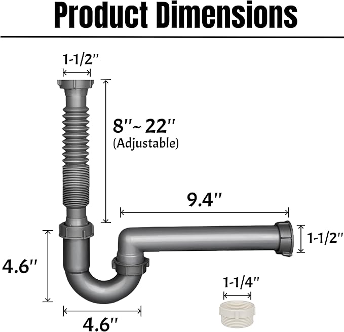 Expandable and Flexible P-Trap, 1-1/2" Sink Drain Pipe Kit, Wall Drain, For Kitchen Sink