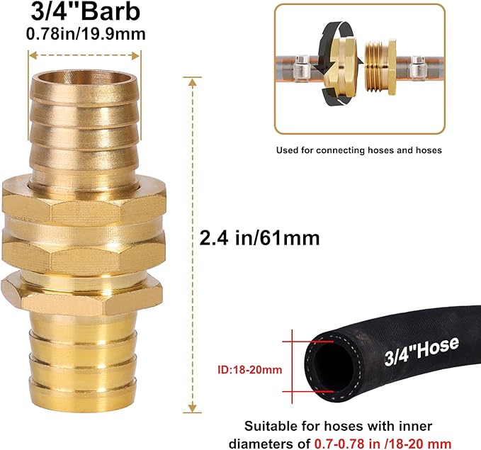Garden Hose Repair Connector with Clamps Hose End Repair Kit,3/4" Barb Garden Hose Fittings Male and Female brass garden hose ends (3/4"Barb-2 Set)