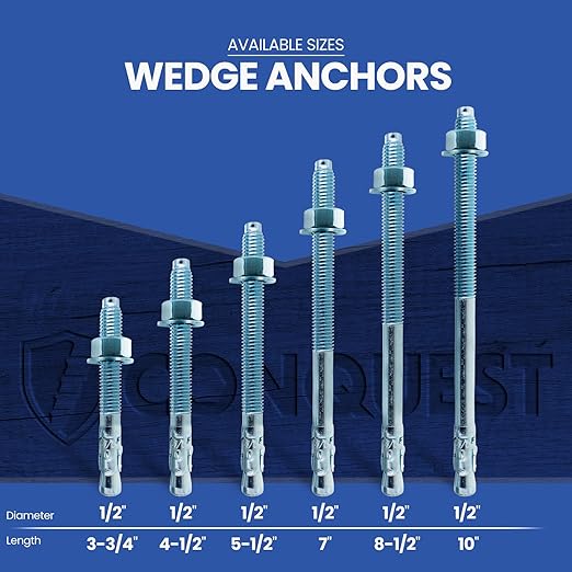 Conquest 1/2" x 4-1/2" Zinc Plated Wedge Anchors (Box of 25) – High Performance Concrete Anchors – Rust Resistant Zinc Plating for Dry Interior Environments – Heavy Duty Fastener for Concrete