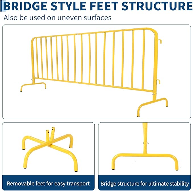 Interlocking Steel Barricade, 6.5 Ft. Heavy Duty Galvanized Metal Barricade, Interlocking Steel Road Barriers with with Bridge Feet Base, for Crowd Control Event Fencing Indoor/Outdoor, Yellow