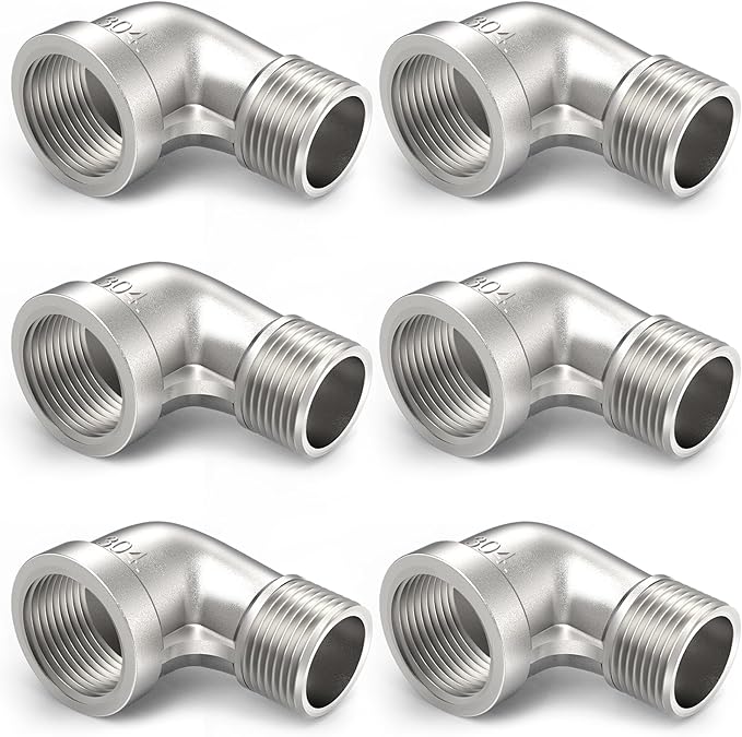 ChillWaves 304 Stainless Steel Pipe Fitting, 90 Degree Elbow 3/8" NPT Male x 3/8" NPT Female Thread Adapter(6-PACK)