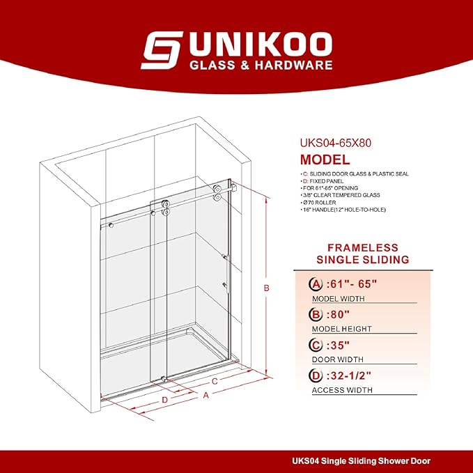 61-65 Inch x 80 Inch Sliding Frameless Shower Door, 3/8" Tempered Glass with Easy-Cleaning Coating, Stainless Steel Rollers & SGCC-Certified Stability, Bright Chrome