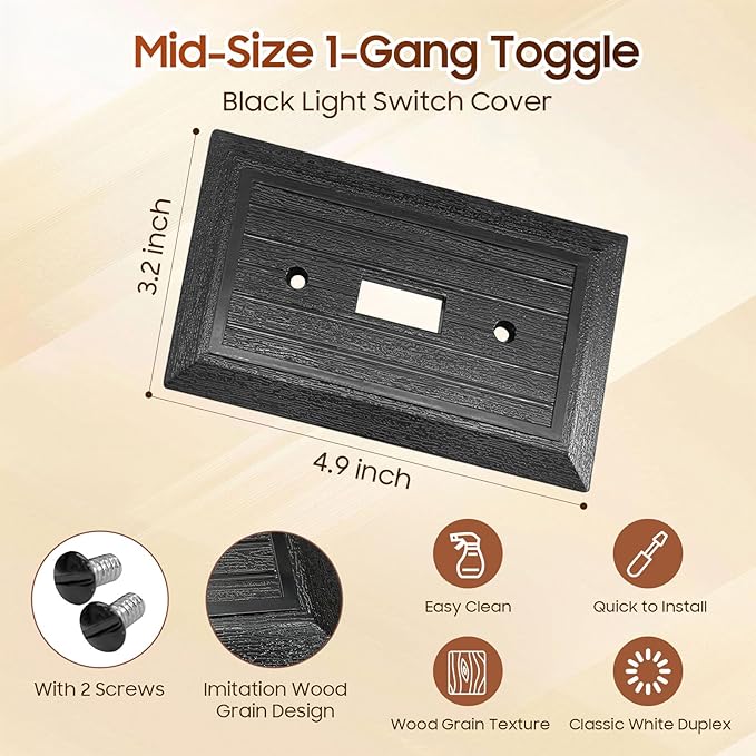 Classic Retro Wood Grain Design Style, Modern Decorative Light Switch Cover Plate, Rocker Outlet Covers Wall Plates Mid-Size (1 Gang Single Toggle 12-Pack Black)