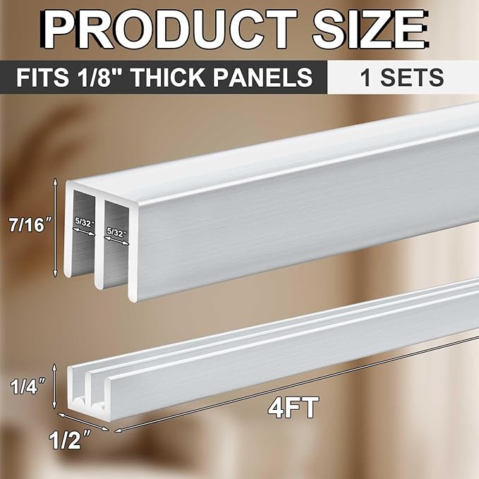 Landical 1 Set 4 Ft Long Metal Sliding Door Track Set for 1/8" Thick Panels Glass Cabinet Door Hardware System Window Sliding Track Quick Easy Installation (Silver)