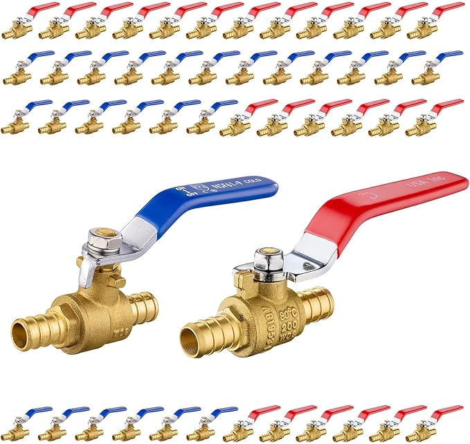 50-Pack Foskan 1/2" PEX Crimp Ball Valve, Brass Quarter Turn Full Port Shut-off Valve for PEX Tubing(Blue and Red)