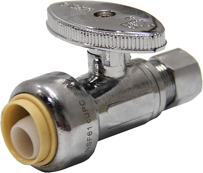 (Pack of 10) EFIELD Push Fit 1/4 Turn Straight Stop Valve Water Shut Off 1/2 Push x 3/8 Inch Compression Chrome with a Disconnect Clip,(PF-VALVE021-10PCS)