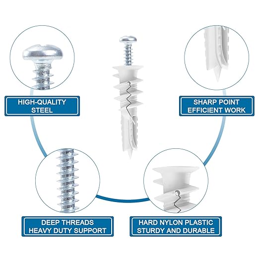 LEYU 140PCS Self Drilling Drywall Anchors and Screws Kit #8 x 1-1/4”, Heavy Duty Dry Wall Anchors for Hanging Shelves,Picture Frames,Curtains, No Pre-Drilling， Plastic Wall Anchors