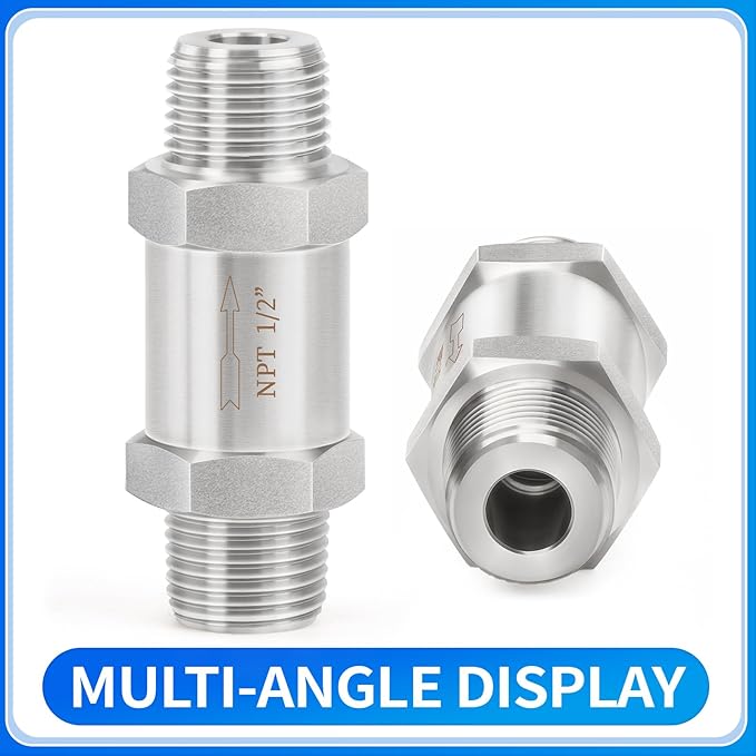 ChillWaves 304 Stainless Steel In-Line Split Check Valve 1/2" NPT Male Thread, One-Way Non-return Check Valve，Prevent Water Back-flow(1-PACK)