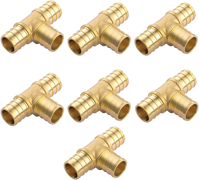 3/4 inch T PEX Tee 3/4" x 3/4" x 3/4" (Pack of 7) Lead-Free Brass Barb Crimp Pipe Fitting/Fittings