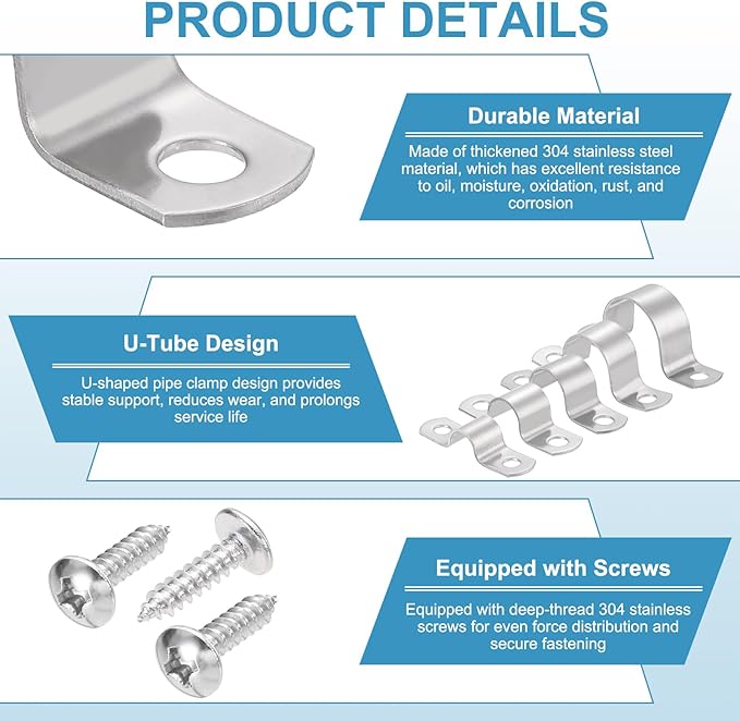 uxcell 2Pcs 76mm(3") Two Hole Rigid Pipe Strap, 304 Stainless Steel Conduit Clamp Thicken U Bracket Heavy Duty Pipe Clamp with Self-Tapping Screws for Fixing Tube Cable, Silver