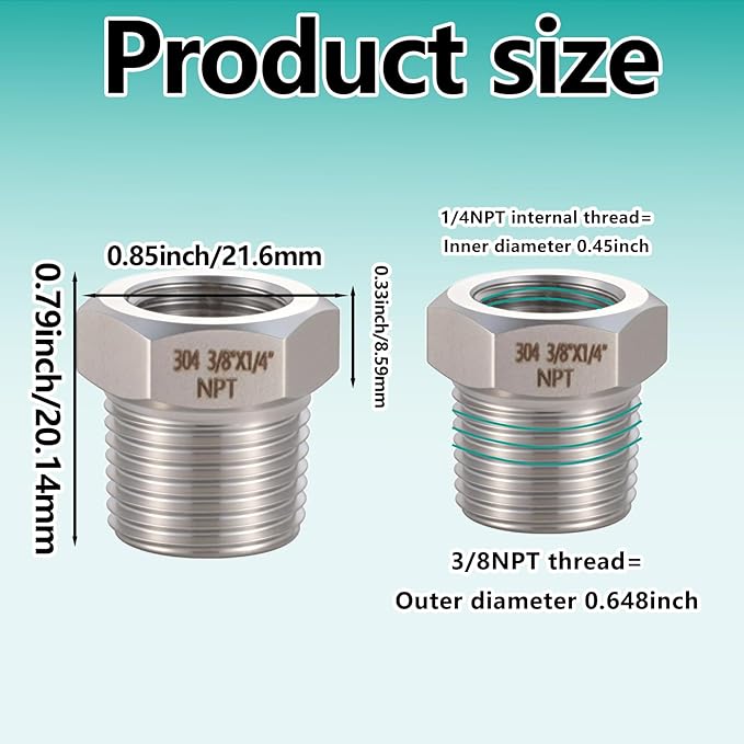 2 Pcs 3/8" Male NPT to 1/4" Female NPT Reducer Hex Bushing，304 Stainless Steel Pipe Fitting Hex Bushing, Heavy Duty Pipe Fitting Reducer Adapter