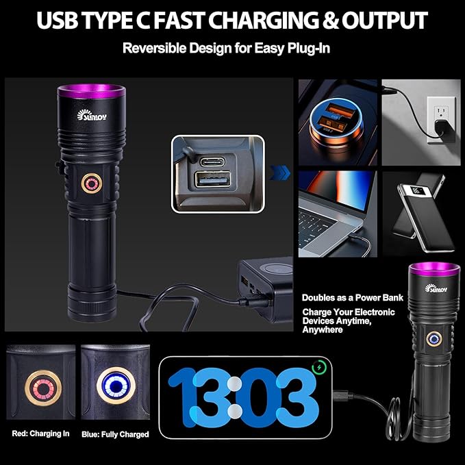 UV01 365nm UV Flashlight Black Light, 2 Pack Rechargeable Blacklight Flashlights, Powerful Handheld UV Light for Pet Urine Detection, Rock Hunting, Blood Tracking, Resin Curing, A/C Leak